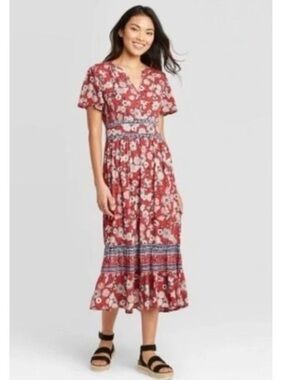 Knox Rose Red Floral V-Neck Short Sleeve Midi Dress Size Small